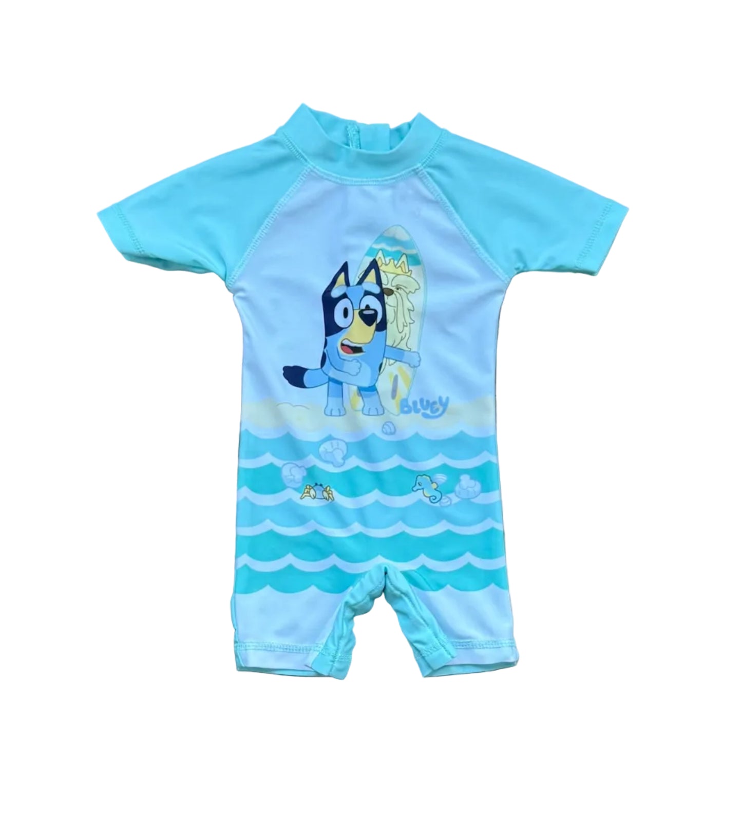 Combinaison de bain bébé manches courtes bleu turquoise, imprimé personnages et vagues
