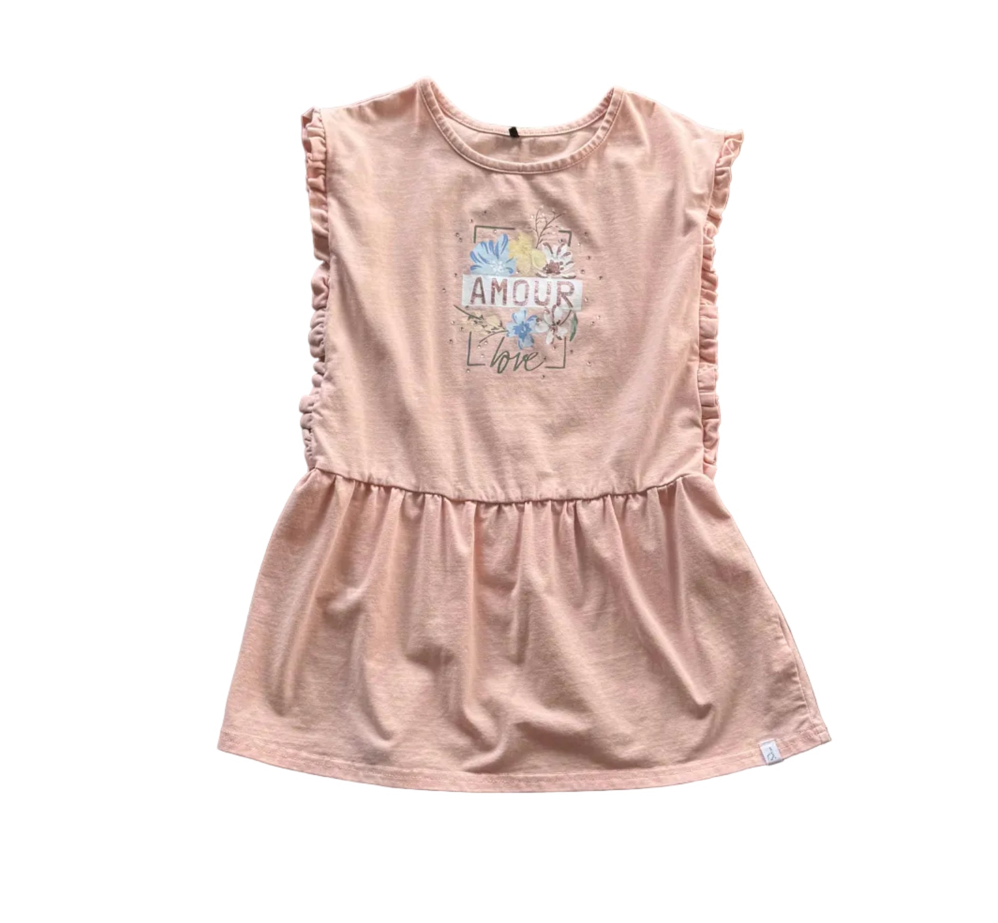 Robe fille rose crème sans manches à volants, taille froncée, motif amour au buste