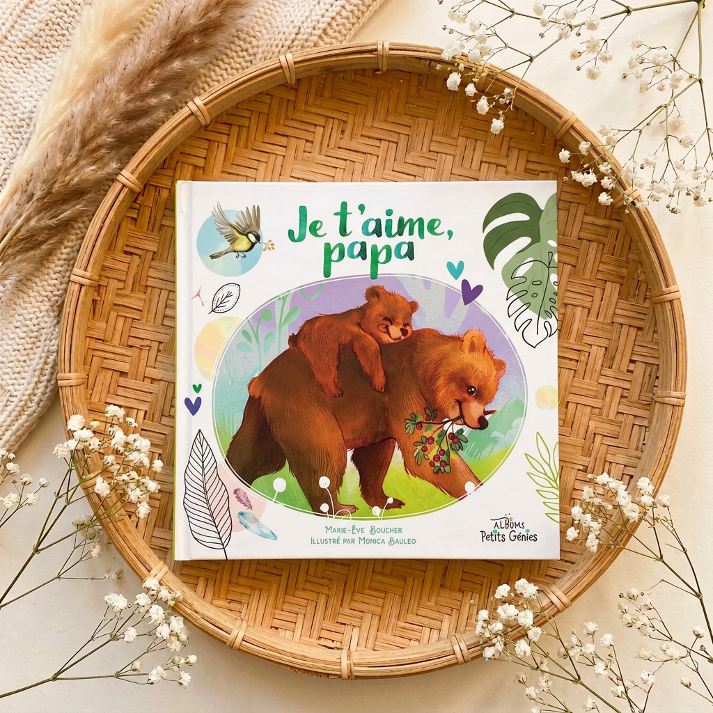 Livre illustré « Je t’aime, papa » : ourson, feuilles et cœurs sur la couverture