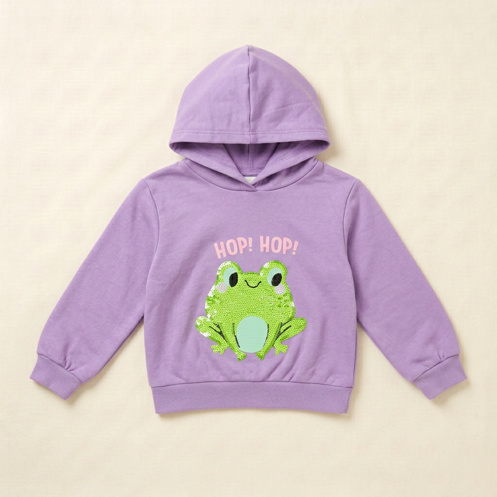 Sweat à capuche enfant lilas avec grenouille verte et texte « Hop! Hop! »