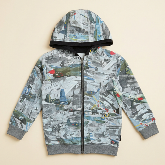 Veste à capuche zippée Souris Mini, gris clair et bleu, motifs avions, taille 5 ans.
