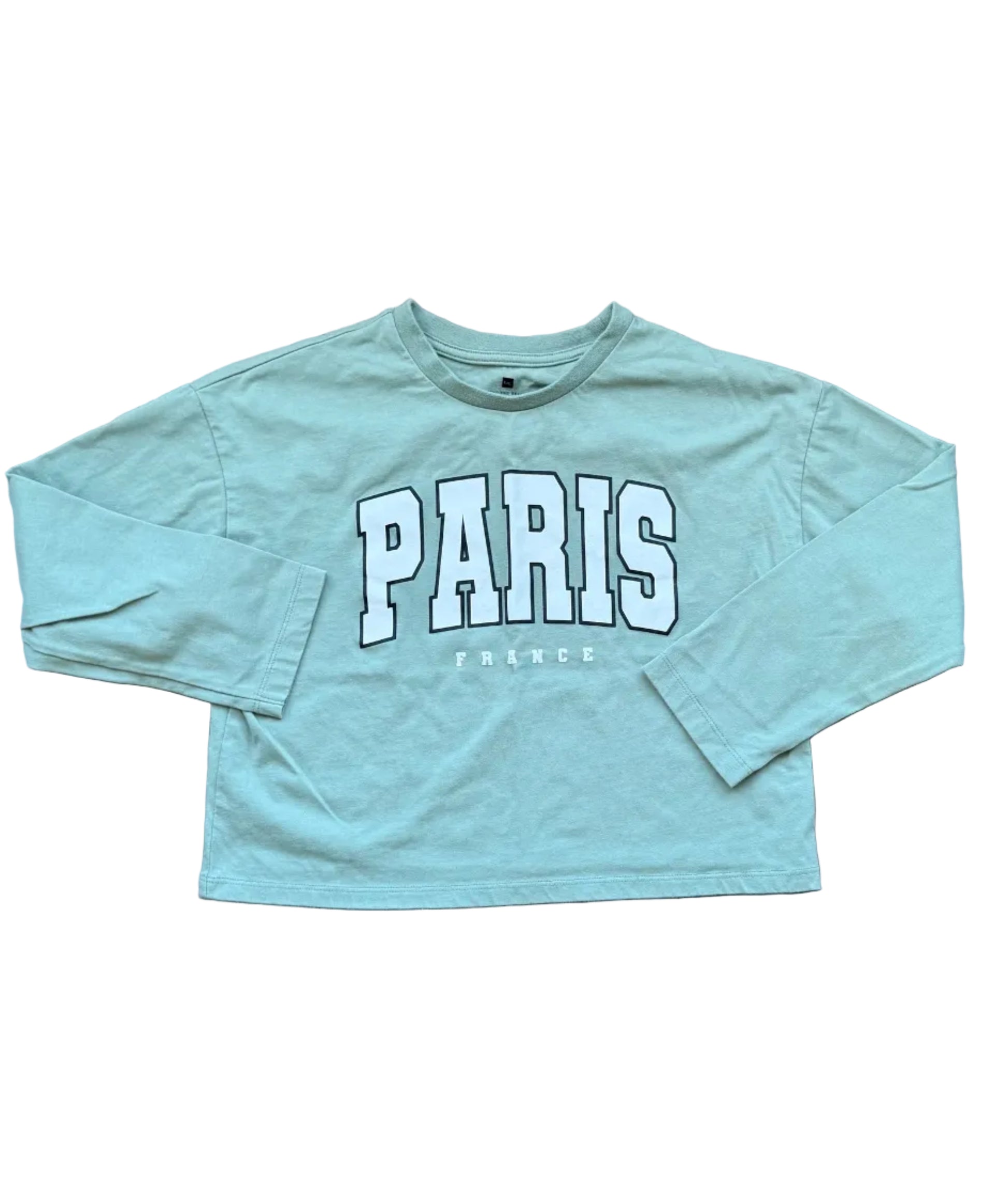 Chandail manches longues vert mousse pour enfant 8 ans, imprimé « PARIS ».