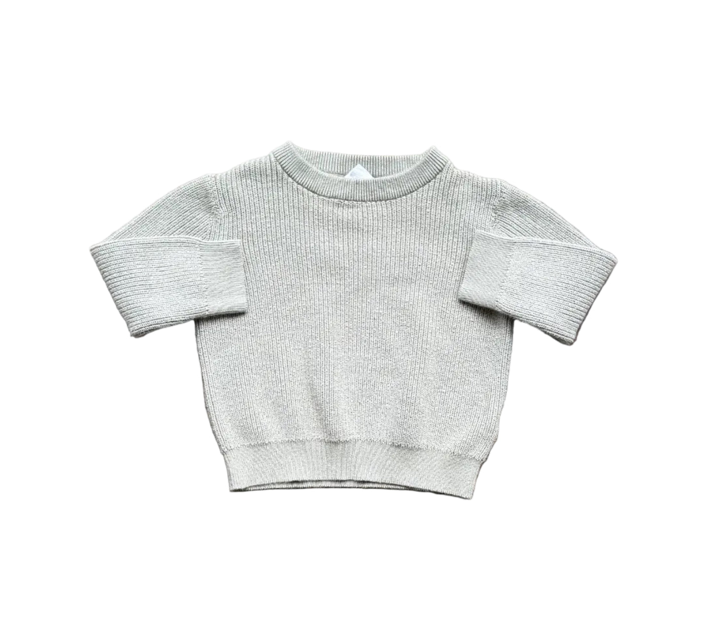 Chandail en tricot vert gris pour enfant de 2 ans, col rond, manches courtes.
