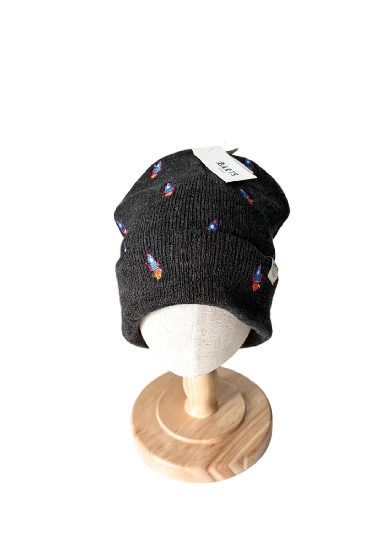 Tuque noire pour enfant avec motifs de fusées multicolores et étiquette