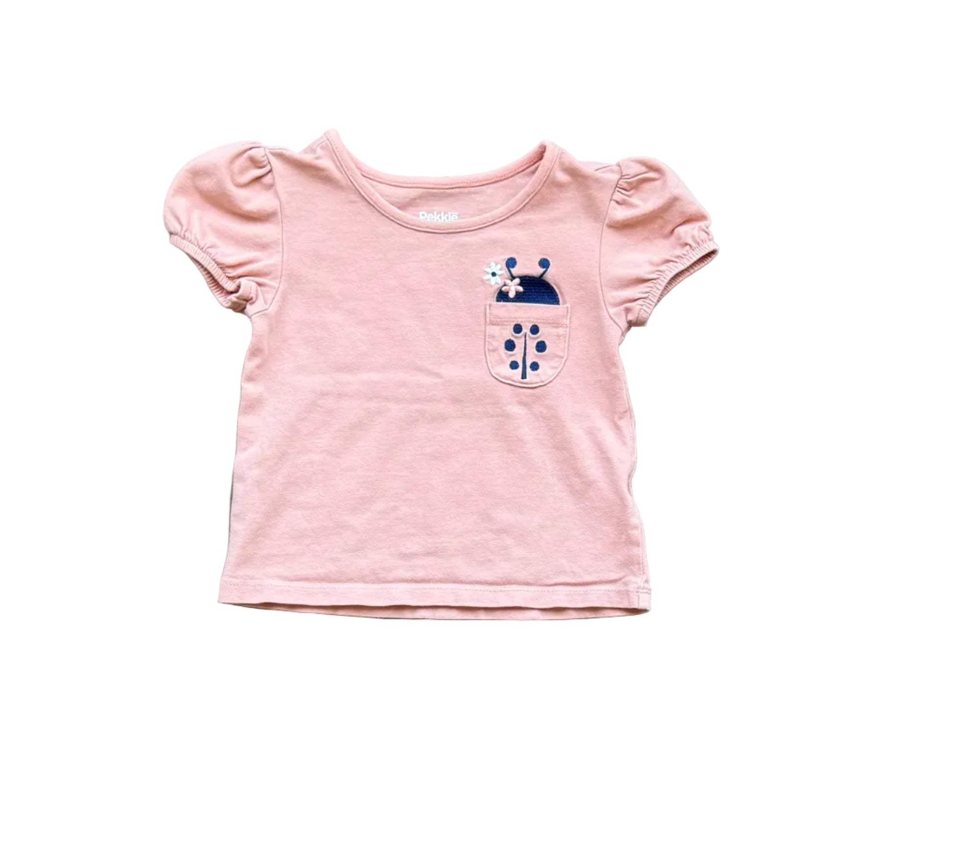 T-shirt bébé rose 12 mois, manches courtes, motif poche et fleurs sur la poitrine