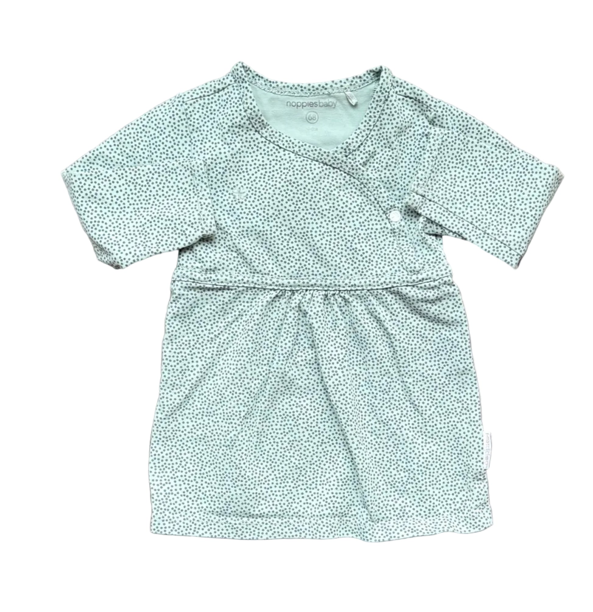 Robe bébé aqua vert à pois, manches courtes, col en V, bouton et taille nouée