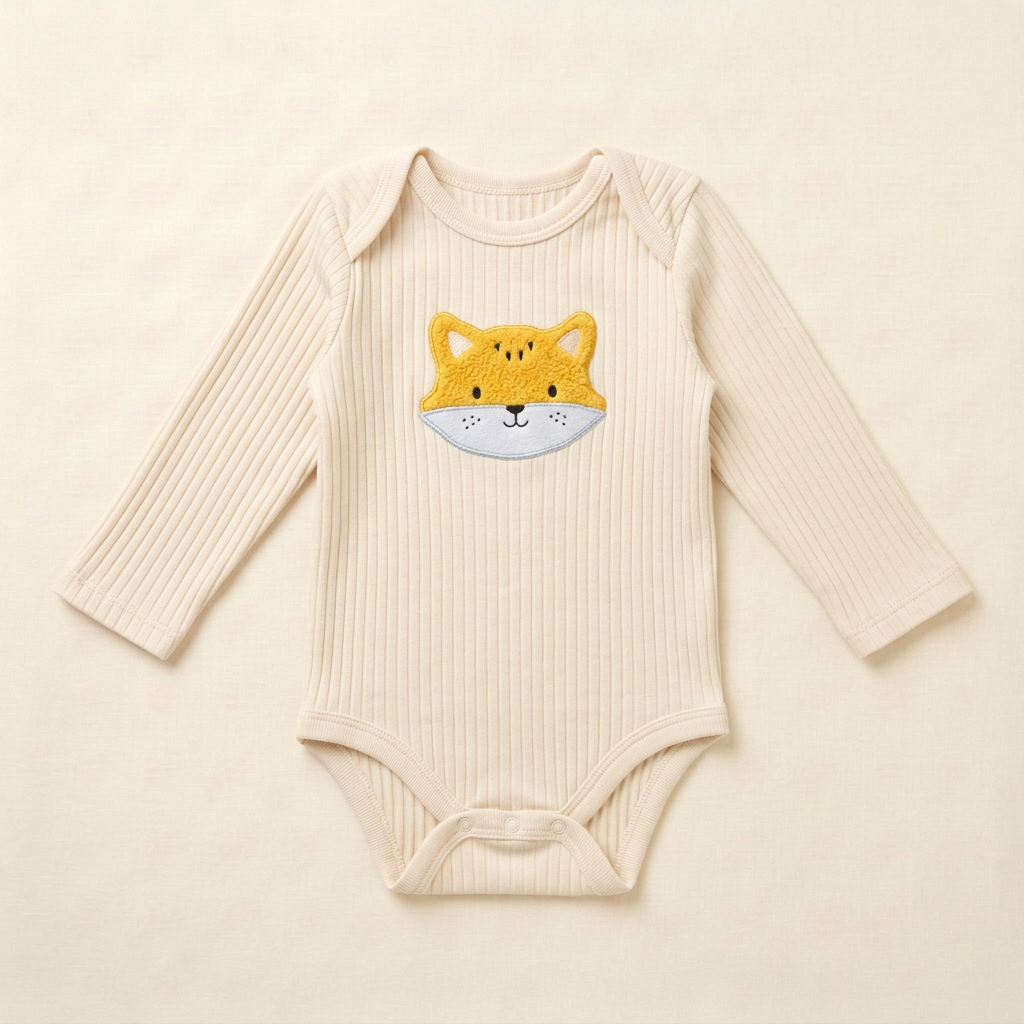 Body bébé 3 mois en coton crème, manches longues, motif tête de renard jaune.