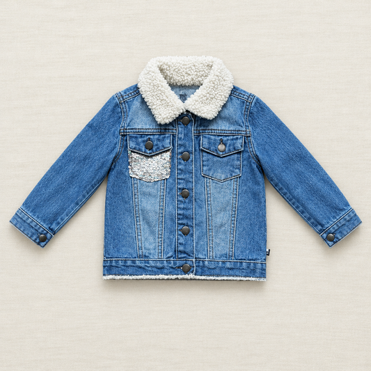 Veste en jean bleue 3 ans, col sherpa, boutons et poches poitrine à rabat