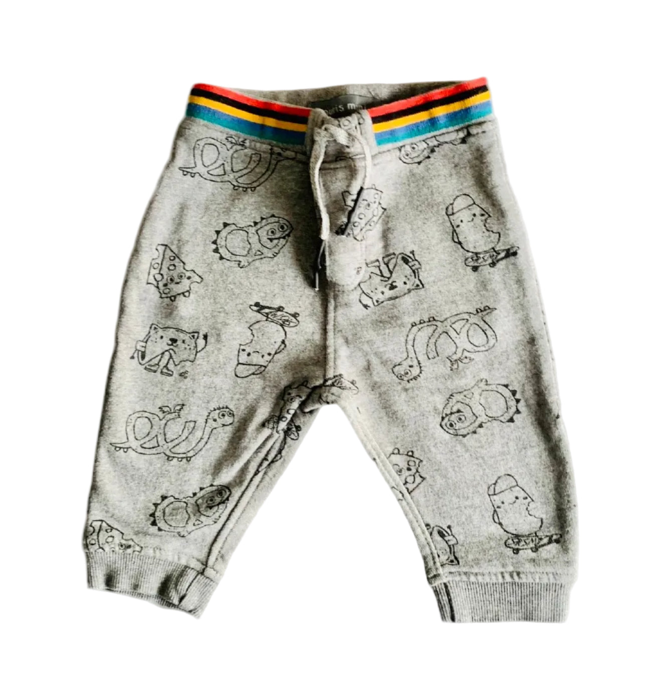 Pantalon de jogging bébé gris, imprimé animaux, taille rayée arc-en-ciel, cordon