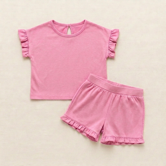 Ensemble bébé 2 pièces vieux rose : tee-shirt manches courtes et short à volants, 24 mois