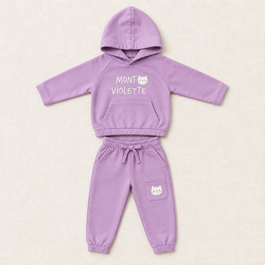 Ensemble bébé 2 pièces : sweat à capuche et pantalon de jogging violet, motif souris.