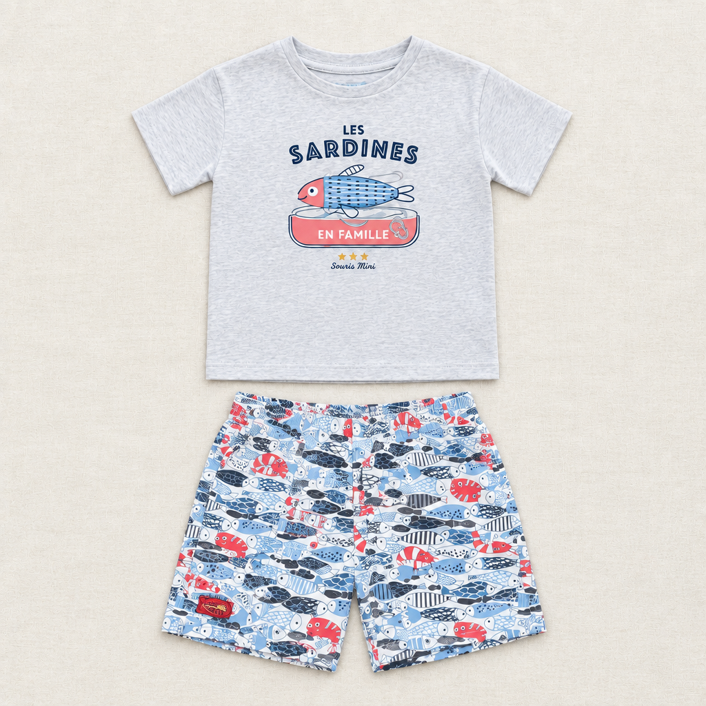 Ensemble 2 pièces enfant: t-shirt gris clair imprimé sardines et shorts motifs poissons