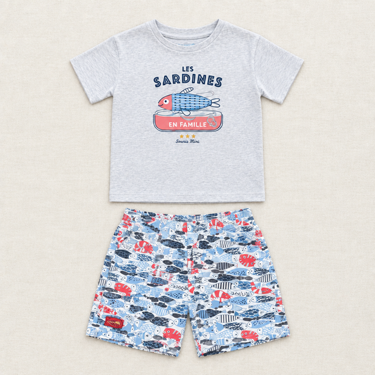 Ensemble 2 pièces enfant: t-shirt gris clair imprimé sardines et shorts motifs poissons