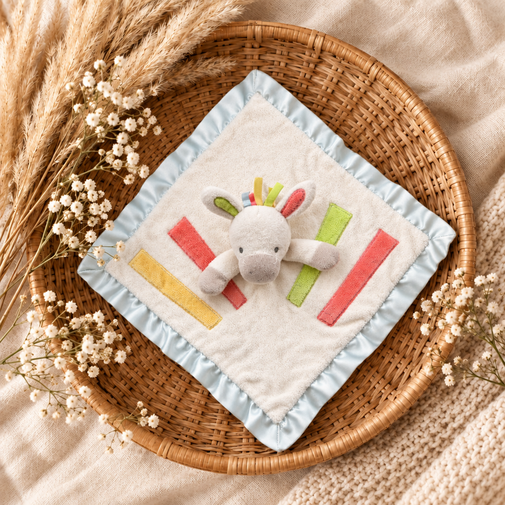 Doudou carré Douglas Baby en tissu beige, appliqué lapin et rubans multicolores