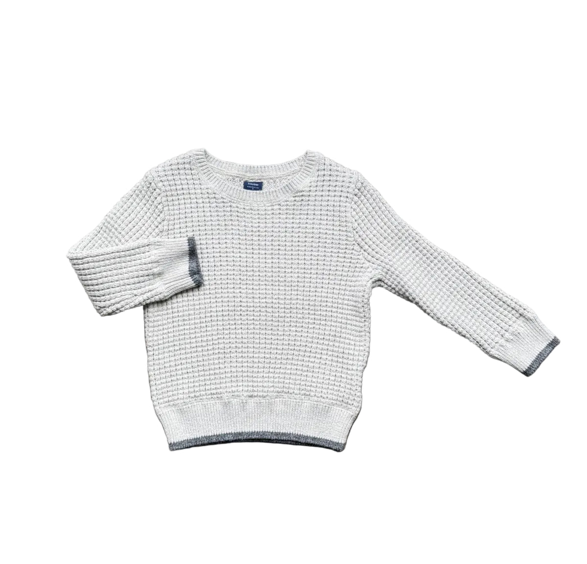 Chandail tricot enfant 3 ans gris beige, encolure ronde, manches longues, poignets côtelés