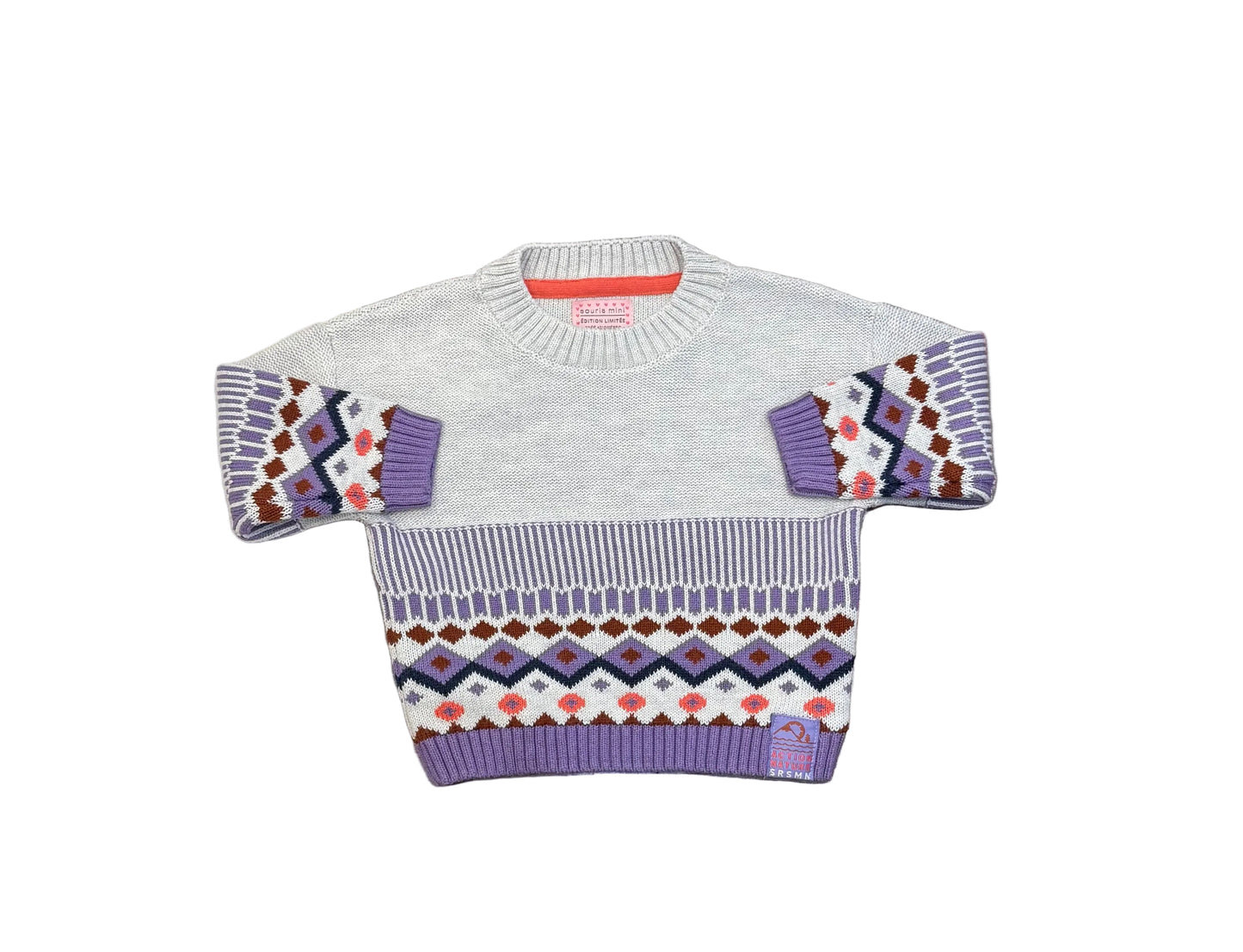 Chandial Souris Mini 12-18 mois, pull tricot multicolore à motif géométrique violet