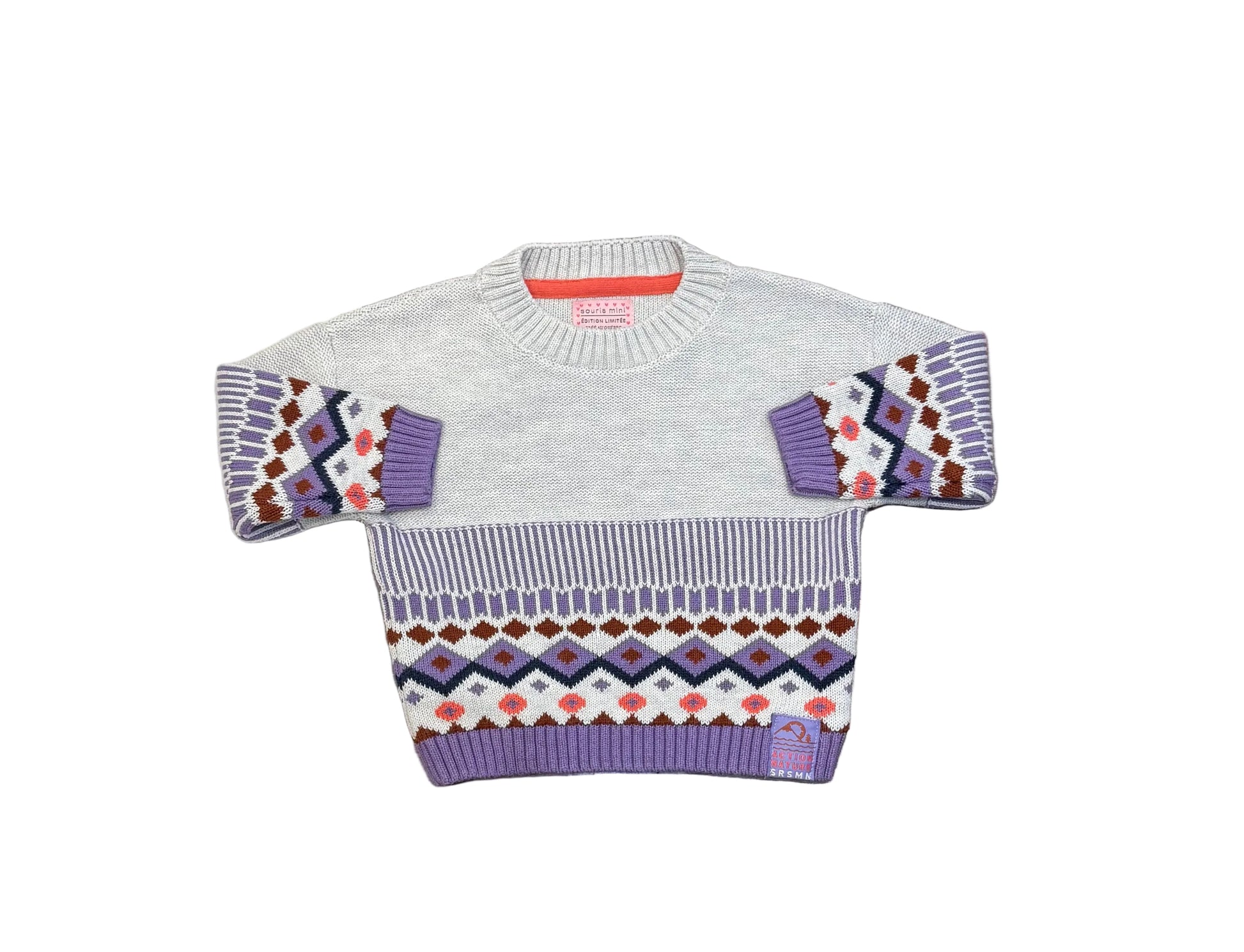 Chandial Souris Mini 12-18 mois, pull tricot multicolore à motif géométrique violet