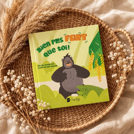 Livre jeunesse couverture verte et jaune, ourson illustré, texte français
