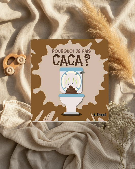 Livre jeunesse : couverture marron avec « Pourquoi je fais caca ? » et dessin de toilette
