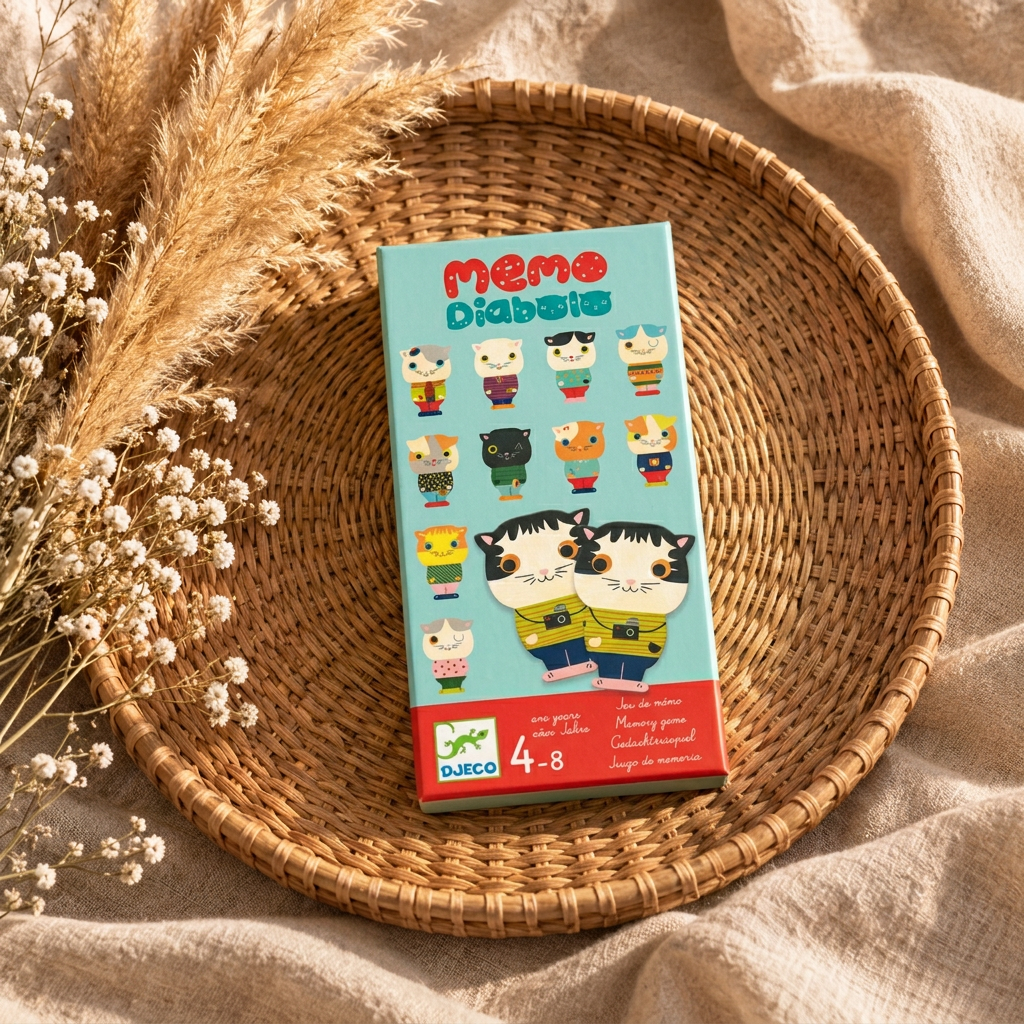 Boîte de jeu de mémoire Djeco avec chats illustrés, tranche d’âge 4-8