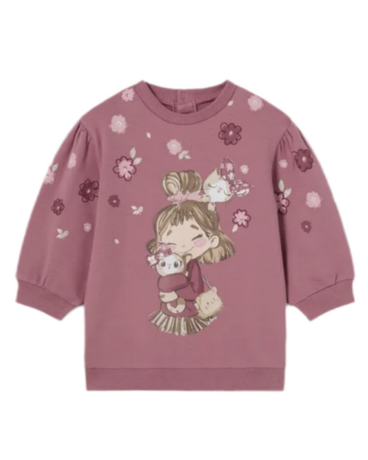 Sweat mauve 18 mois avec motif fille et fleurs