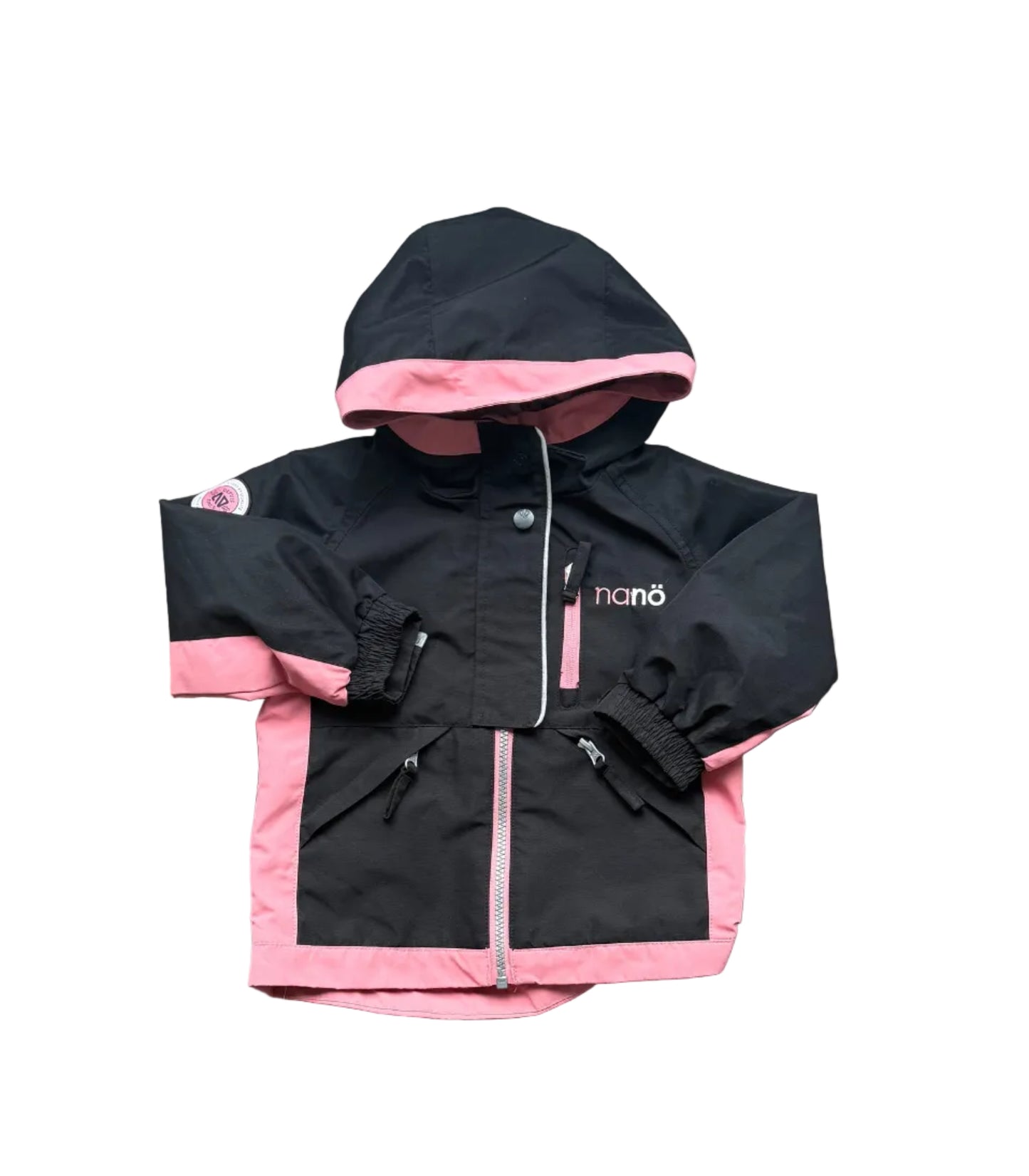 Manteau enfant nano noir à capuche, doublure rose, fermeture zippée et poches