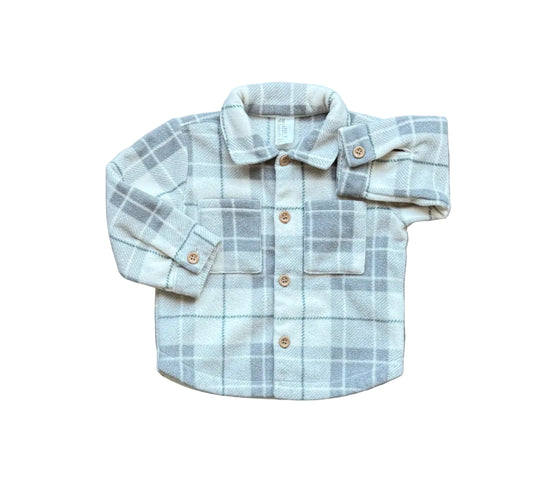 Chemise/manteau bébé 9-12 mois plaid bleu clair, col à boutons et poches