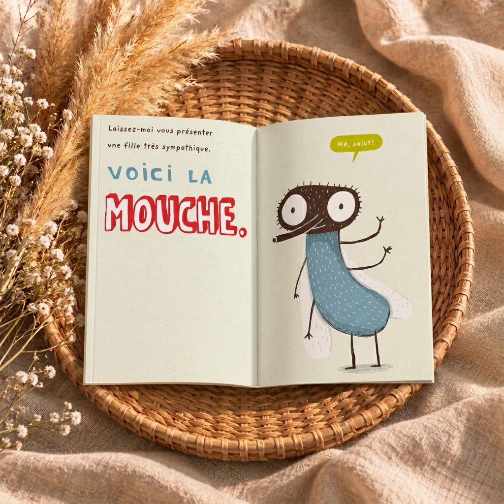 Livre broché ouvert, illustration d’une mouche bleue et texte sur pages blanches.