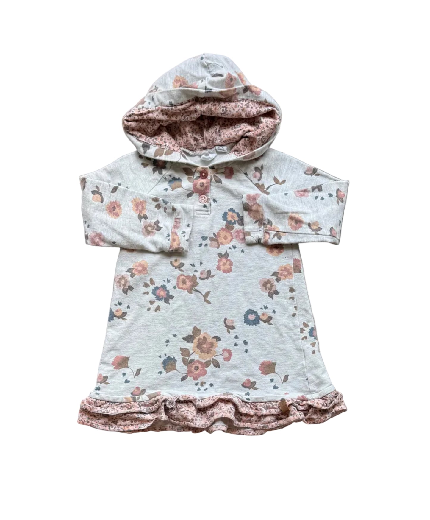Tunique à capuche en coton gris clair, motif floral, boutonnage devant, manches longues