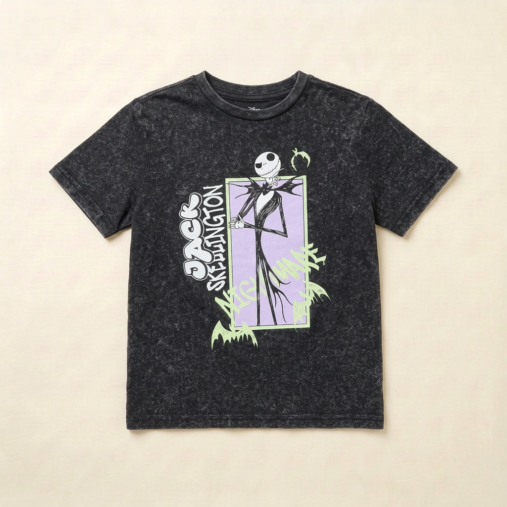 T-shirt enfant noir chiné Disney Tim Burton, grand visuel personnage dans un cadre carré