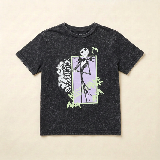 T-shirt enfant noir chiné Disney Tim Burton, grand visuel personnage dans un cadre carré