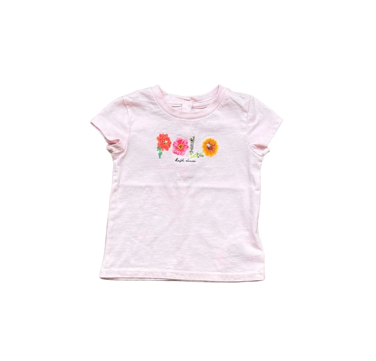 T-shirt bébé rose 9 mois, manches courtes, broderie fleurs colorées