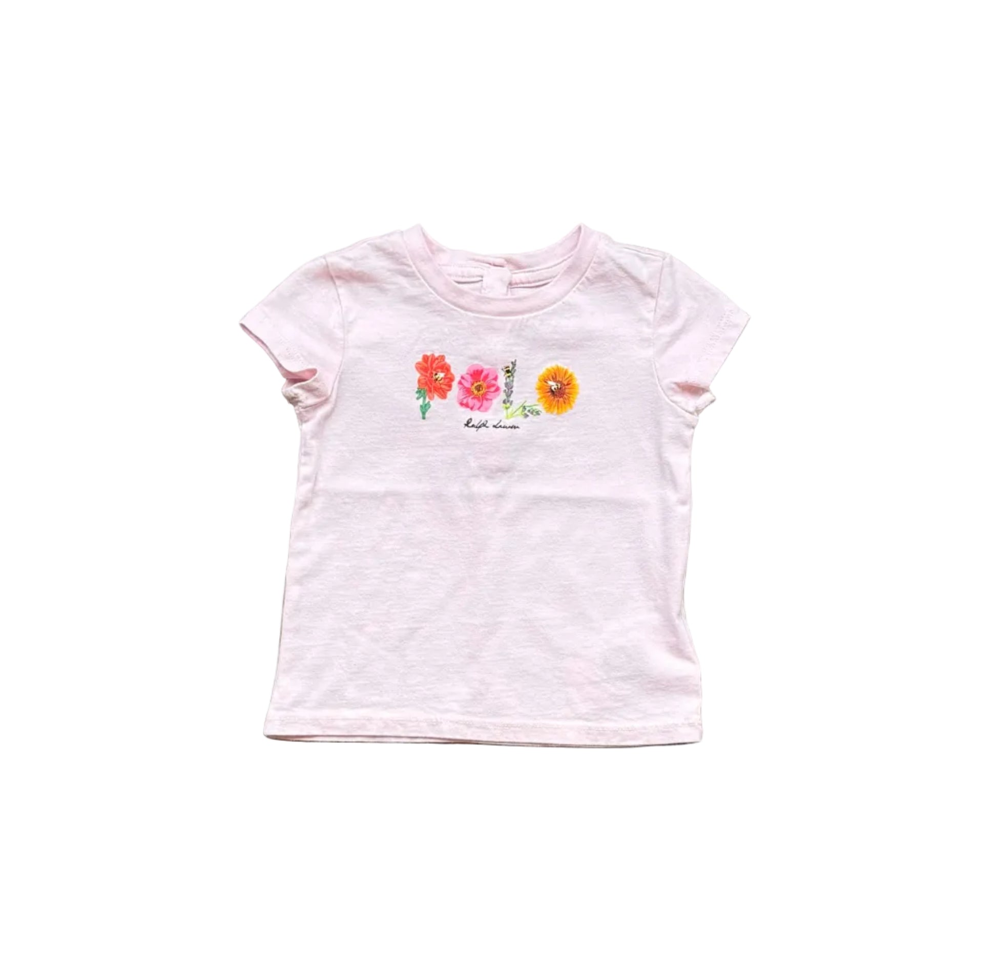 T-shirt bébé rose 9 mois, manches courtes, broderie fleurs colorées