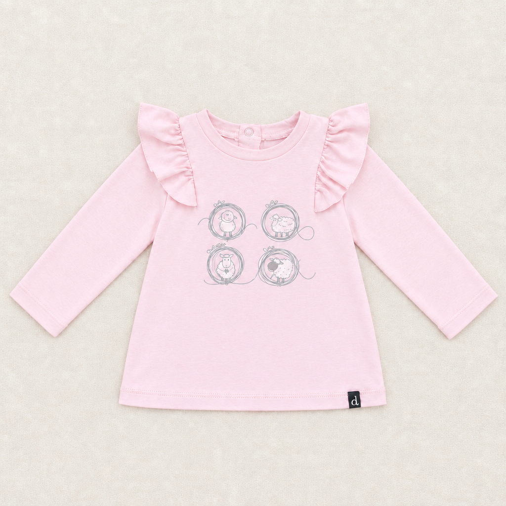 Chandail bébé Deux par Deux rose pâle à volants aux épaules, manches longues, motif animaux