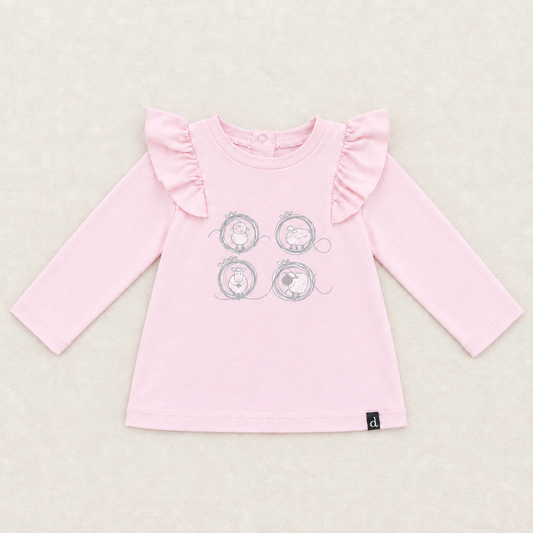 Chandail bébé Deux par Deux rose pâle à volants aux épaules, manches longues, motif animaux