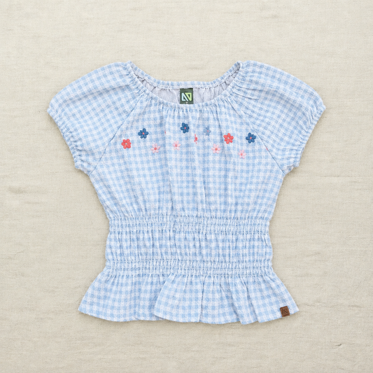 Tunique enfant en coton bleu clair à carreaux et broderie de fleurs, manches bouffantes