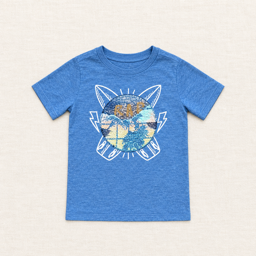 T-shirt bleu Oshkosh pour enfant, grand motif soleil devant