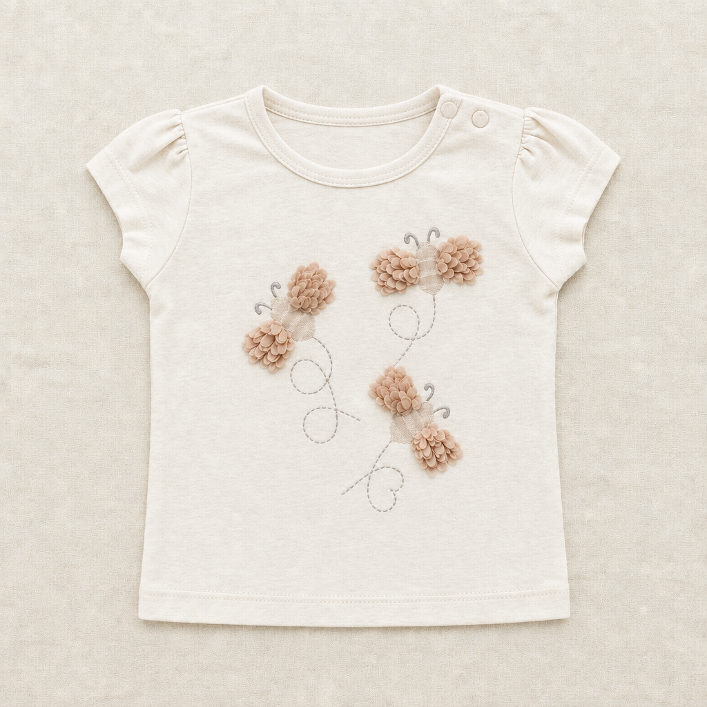 T-shirt bébé écru à fleurs 3D et bouton-pression à l’épaule