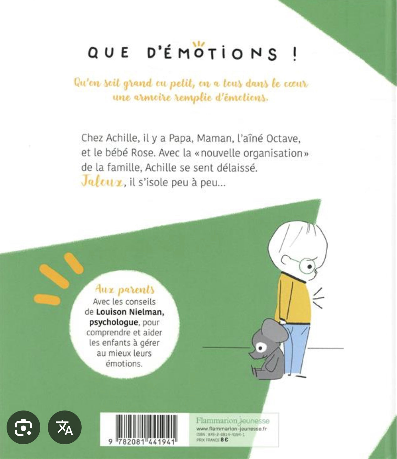Page intérieure de livre jeunesse avec illustration d’un personnage et formes vertes