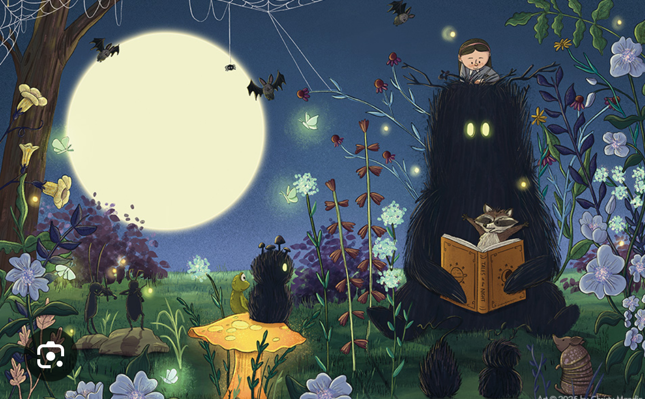 Livre Millie Fleur « Au secours de la nuit » : créature sombre lisant près de la lune