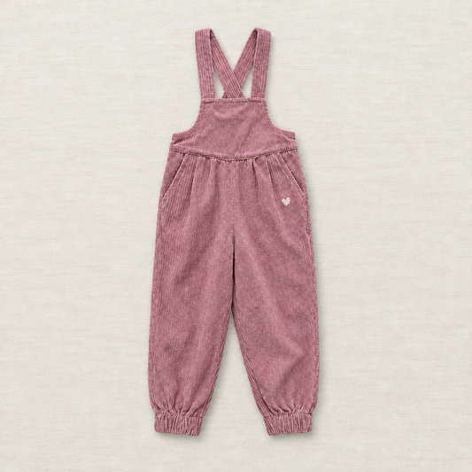 Salopette enfant mauve, bretelles, devant avec cœur, jambes longues et poignets côtelés