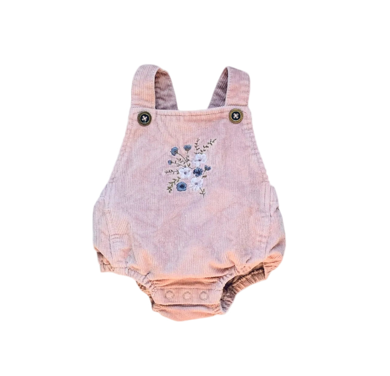 Romper mauve neutre 0-3 ans, bretelles boutonnées, broderie florale bleu