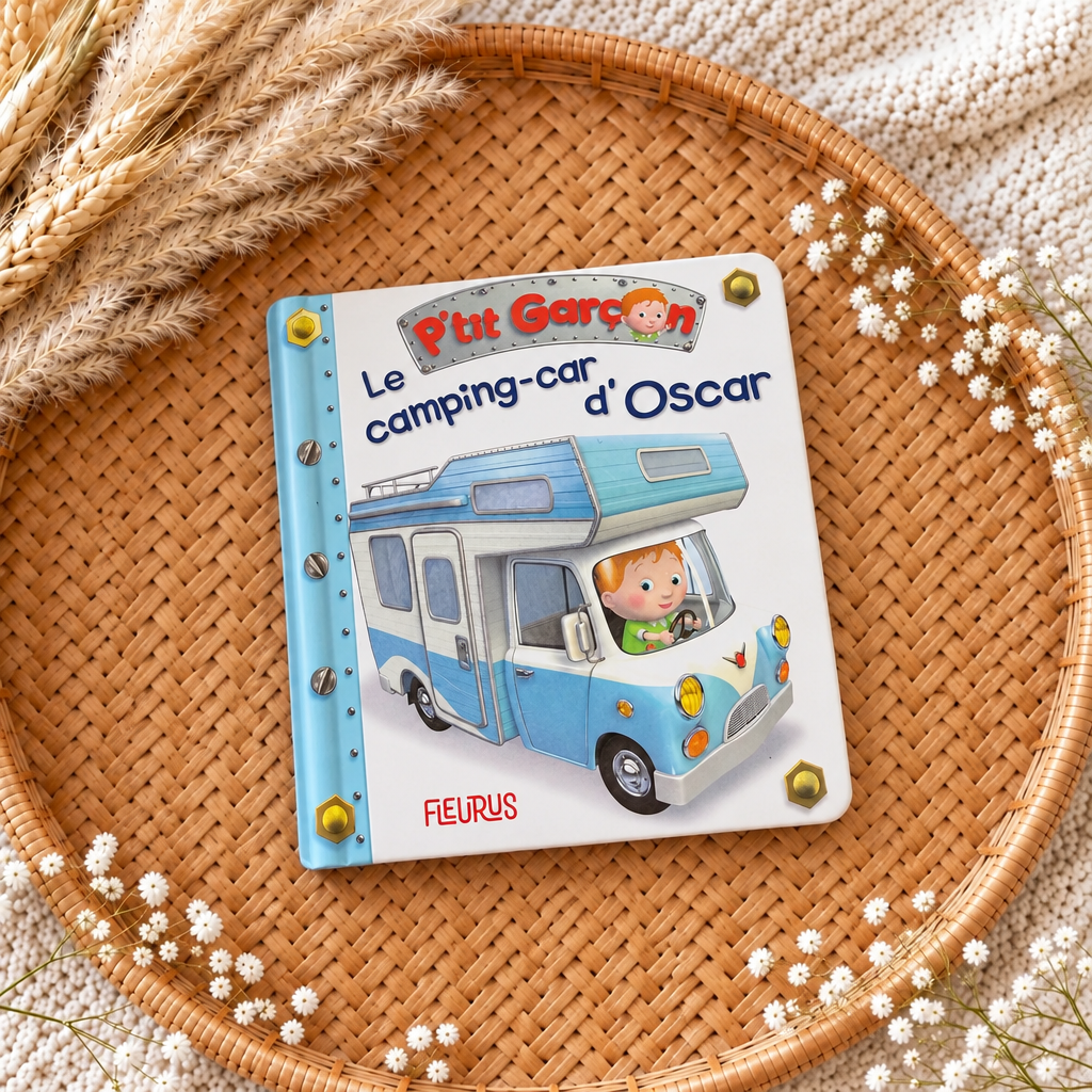 Livre enfant : couverture avec camping-car bleu et personnage orange