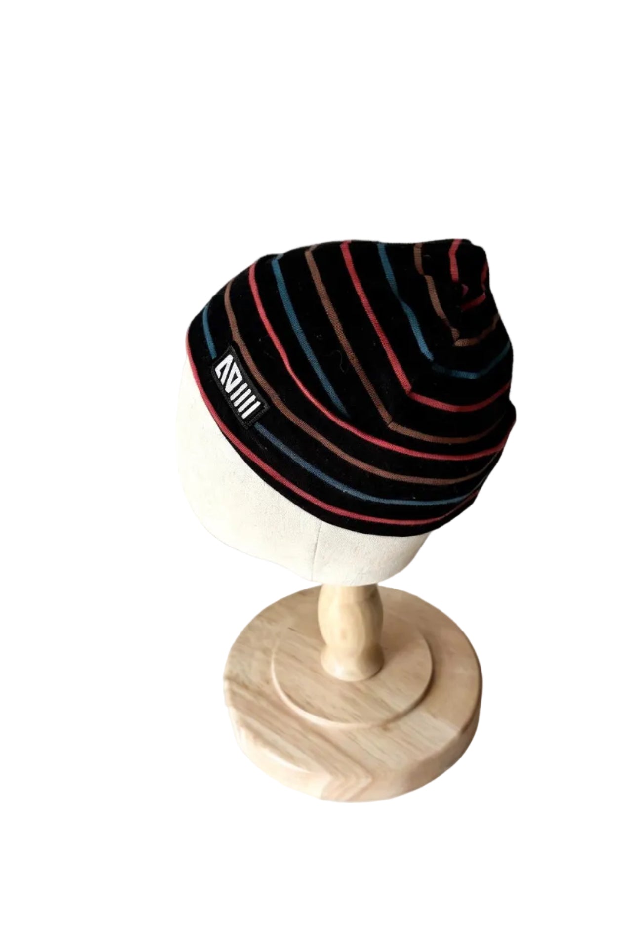 Bonnet Nano 6-12 mois noir à rayures rose et bleu, logo sur le côté