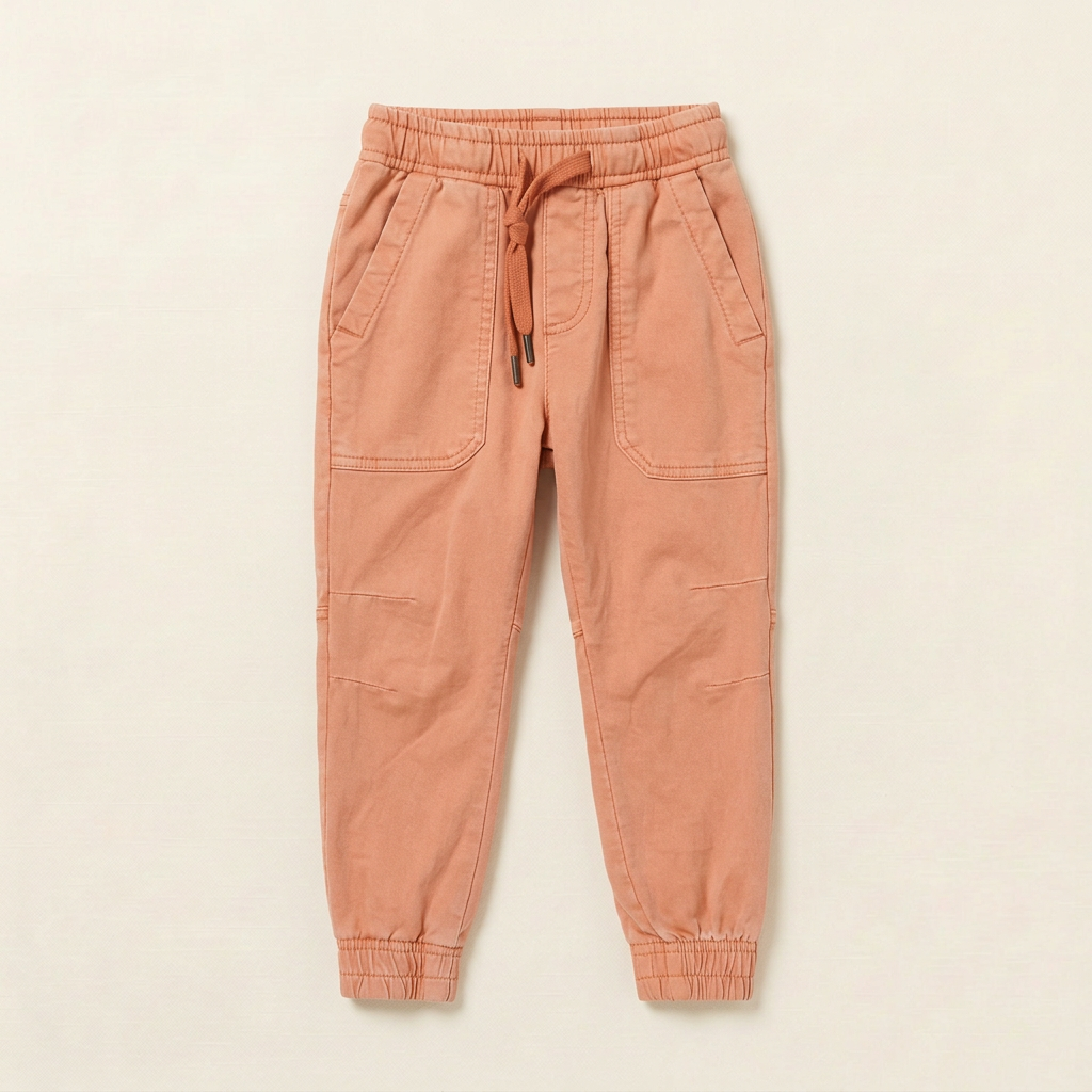 Pantalon de jogging bébé orange saumon, taille élastique avec cordon, poches, bas resserré.