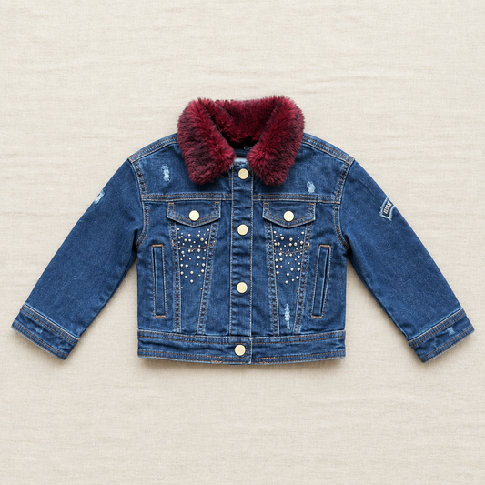 Veste en jean enfant 4 ans, col fourrure bordeaux, boutons dorés, poches poitrine à clous