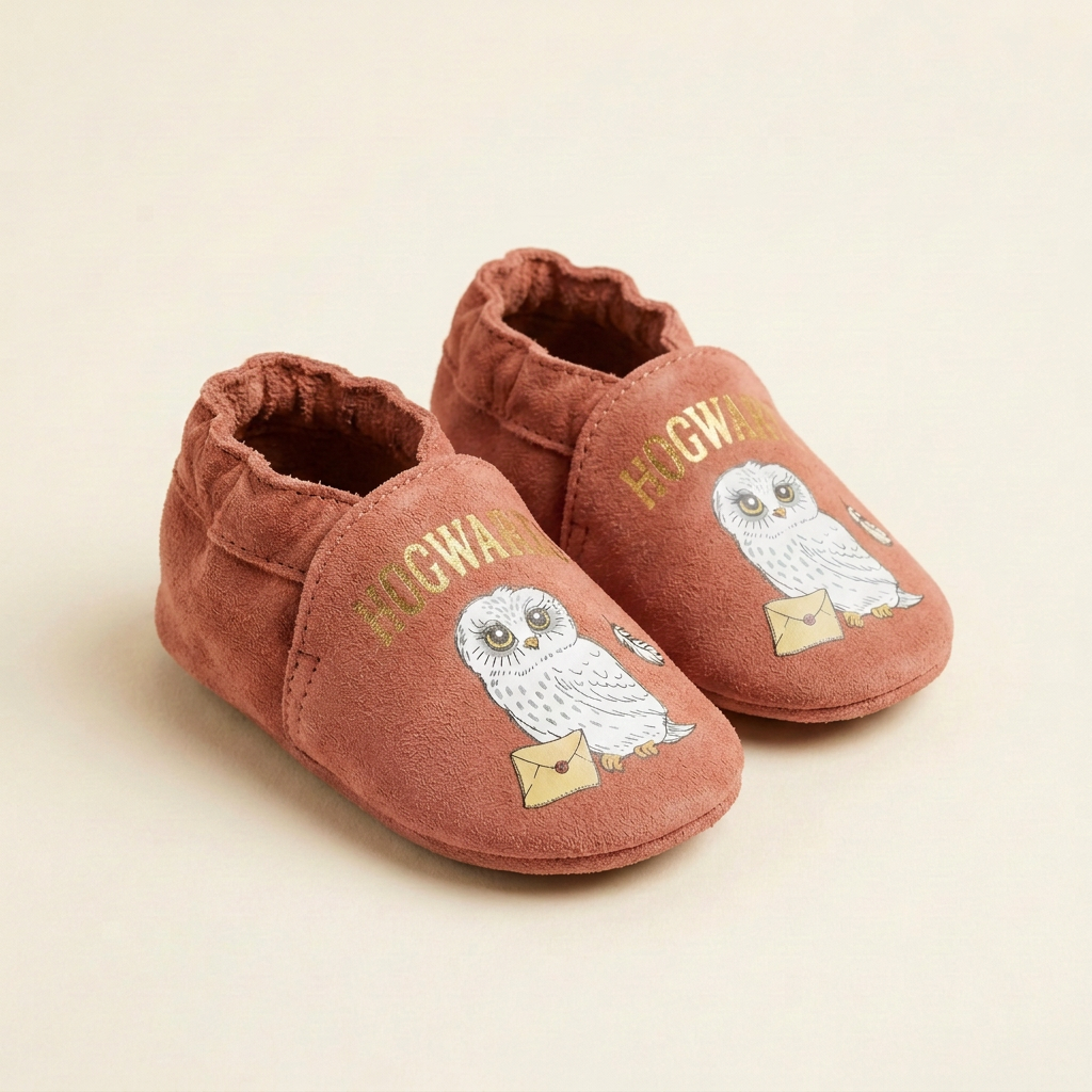 Chaussons enfant en tissu rose brun, motifs hibou et enveloppe