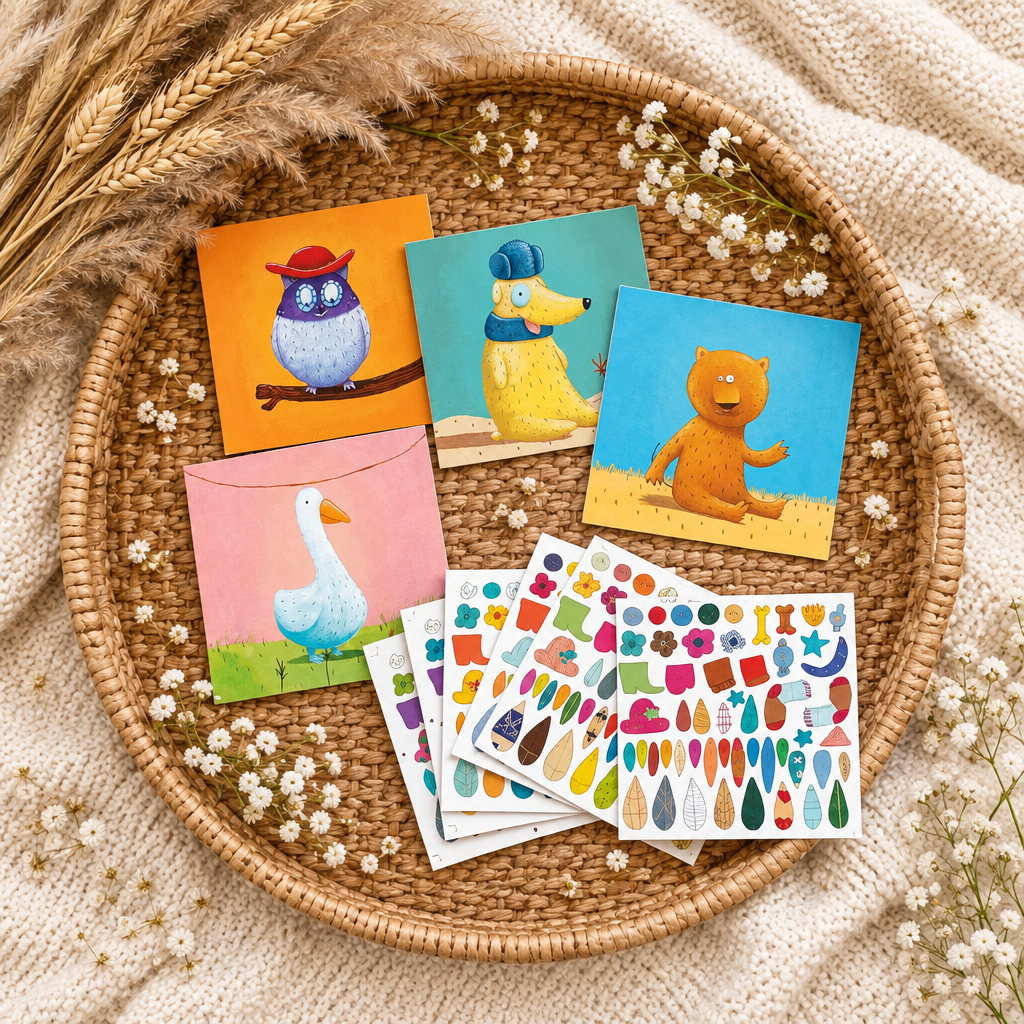 Jeu de création Djeco : cartes d’animaux et planches d’éléments colorés