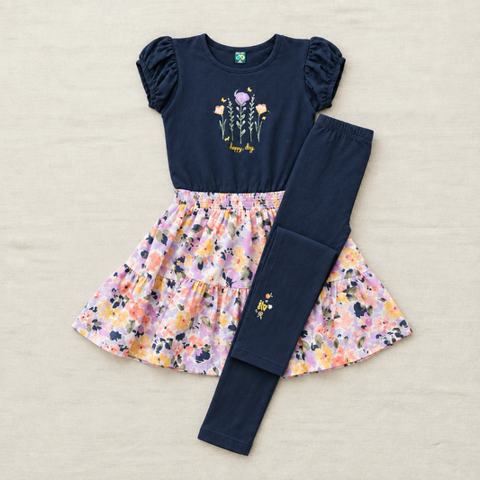 Ensemble fille : haut bleu marine à fleurs, jupe évasée à motifs, legging assorti