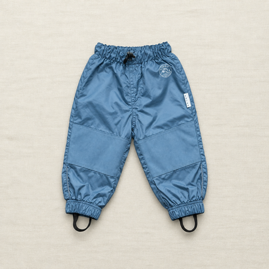Pantalon mi-saison bébé bleu-gris à taille élastique et cordon, coutures latérales